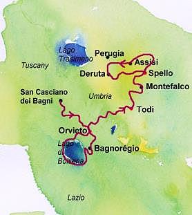map of Umbria Biking tour